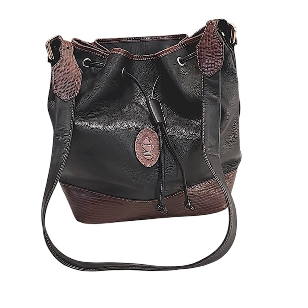 Guerriero Italy Black Leather Brown Snake Print Designer Bucket Shoulder Bag